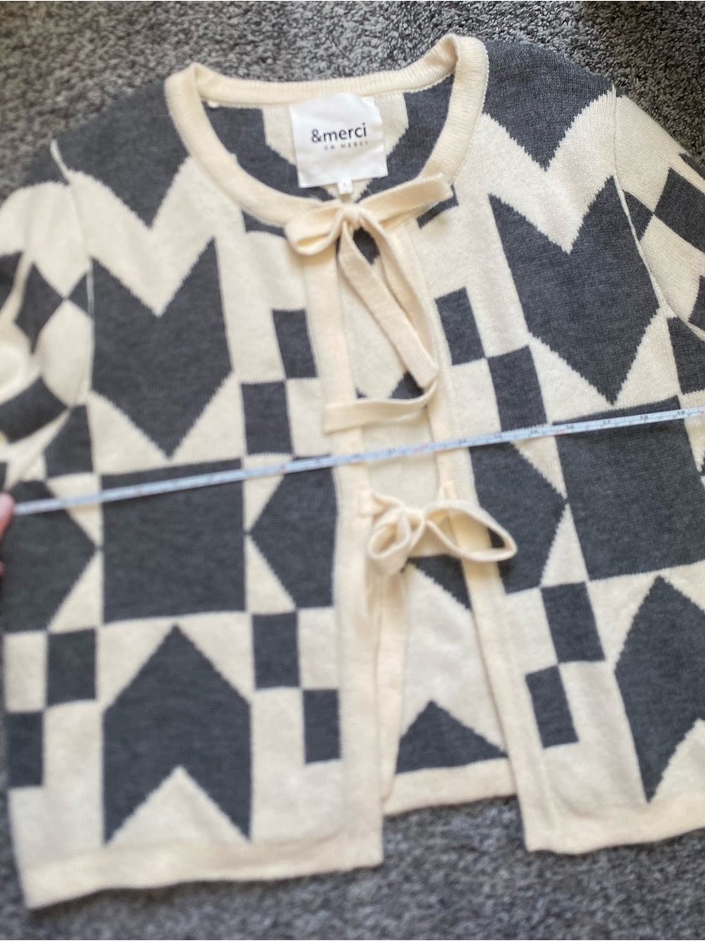 Cream and Dark Gray Geometric Tie-Front Cardigan - Picture 9 of 10